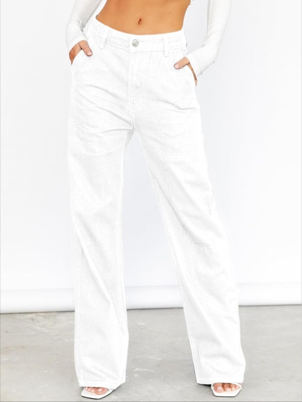 Dokotoo Women's Casual Mid Waist Cargo Jeans Stretch Button Wide Leg Denim Pants